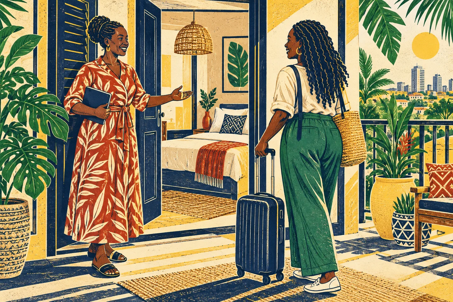Illustration of a short-stay host welcoming a guest.