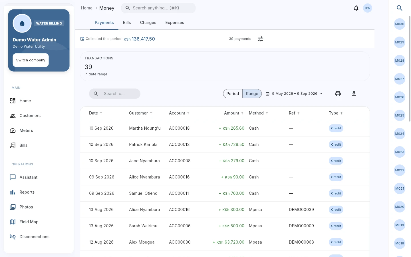 Actual TallyDue Money screen showing automated M-Pesa receipts, payment records, and references.