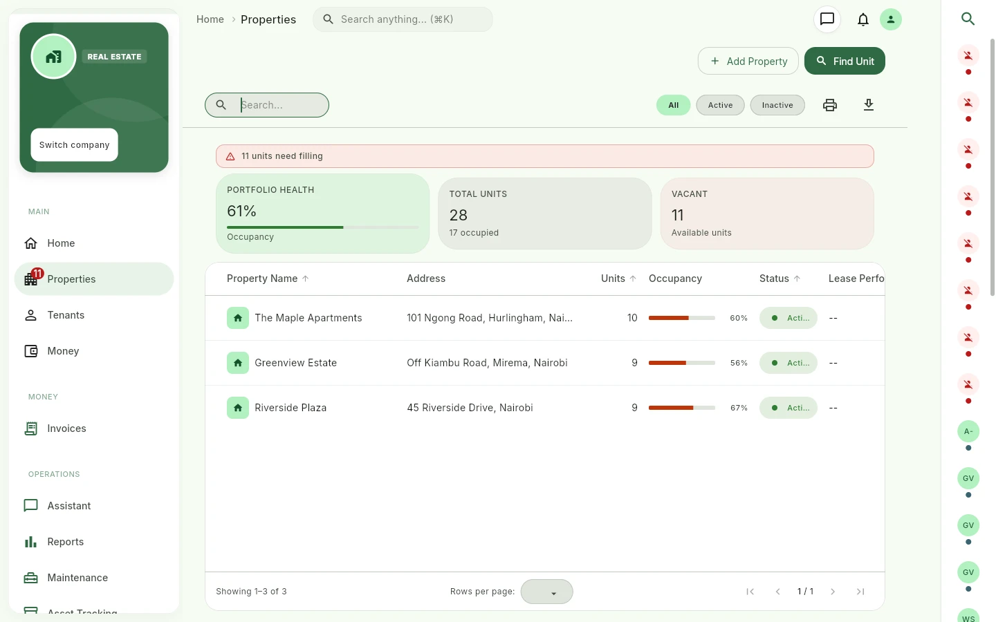 Actual TallyDue property management screen showing occupancy, vacant units, and demo portfolio.